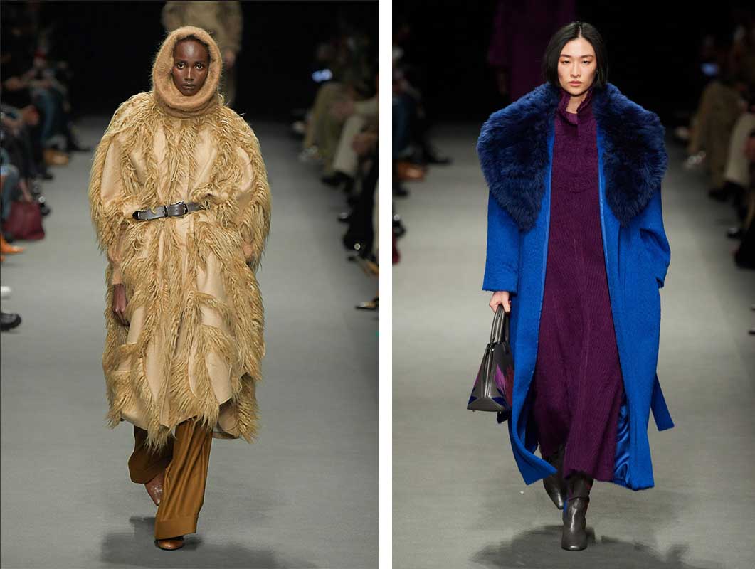 Женское пальто с меховыми вставками модный тренд осень-зима 2023-2024