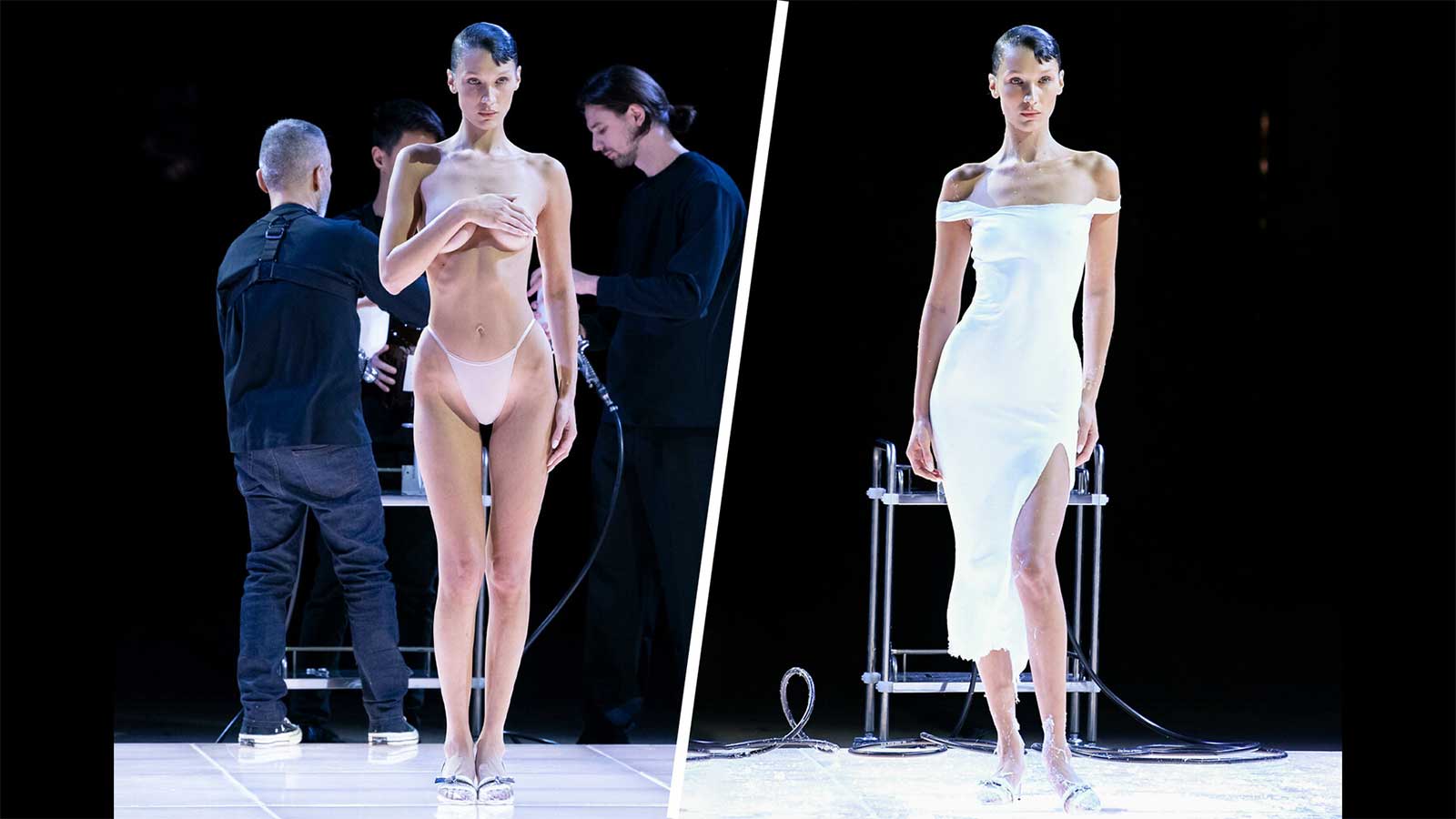 Мода будущего: на обнаженную Беллу Хадид распылили жидкий хлопок, который мгновенно превратился в платье