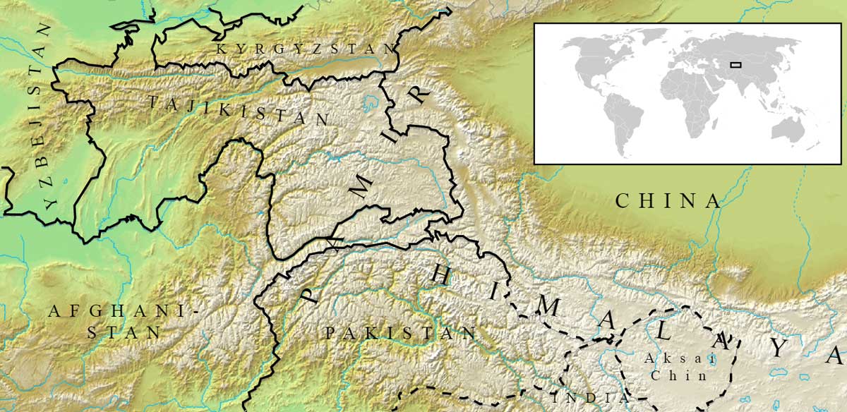 Гора Памир находится на юге Центральной Азии, на территории нескольких государств: Таджикистана, Афганистана, Китая и Пакистана