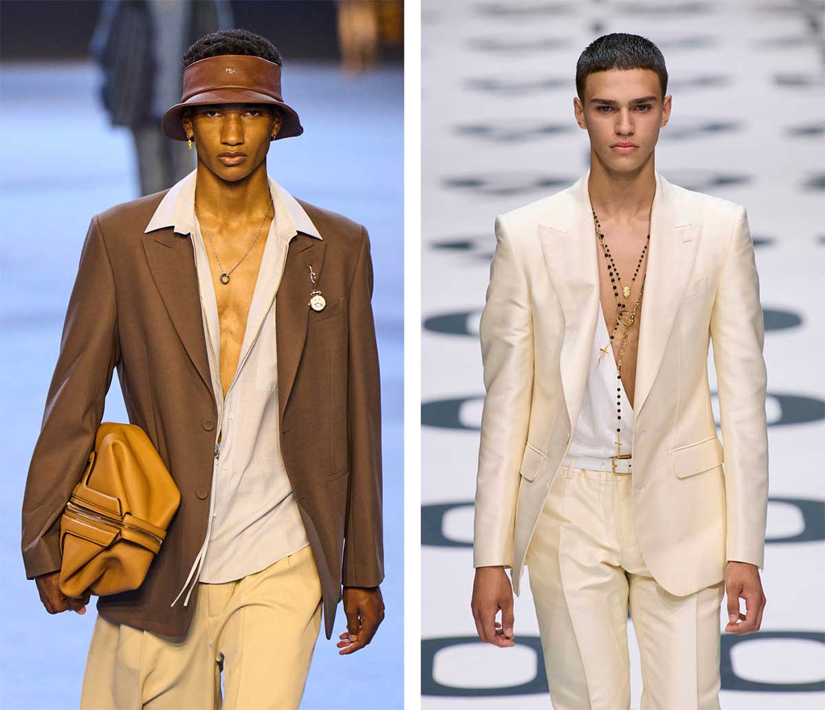 Глубокие V-образные вырезы в мужских джемперах, туниках и рубашках модный тренд весна-лето 2023