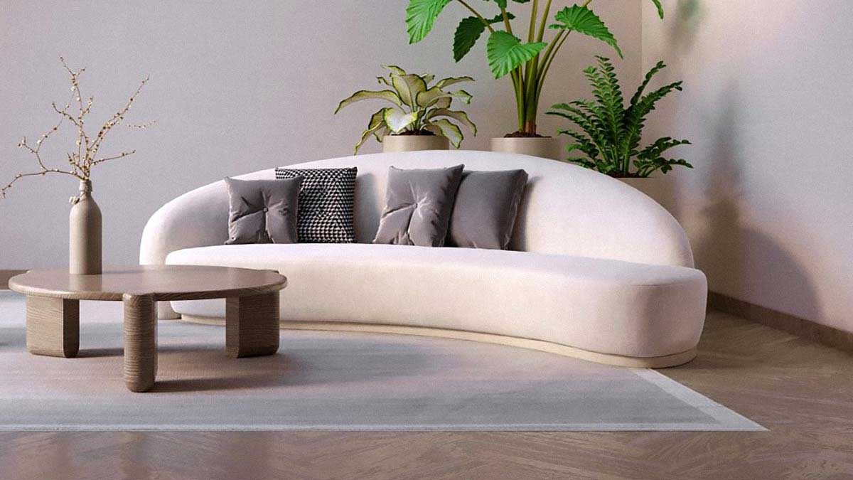 Изогнутый диван со скульптурными формами популярный тренд 2023 года
