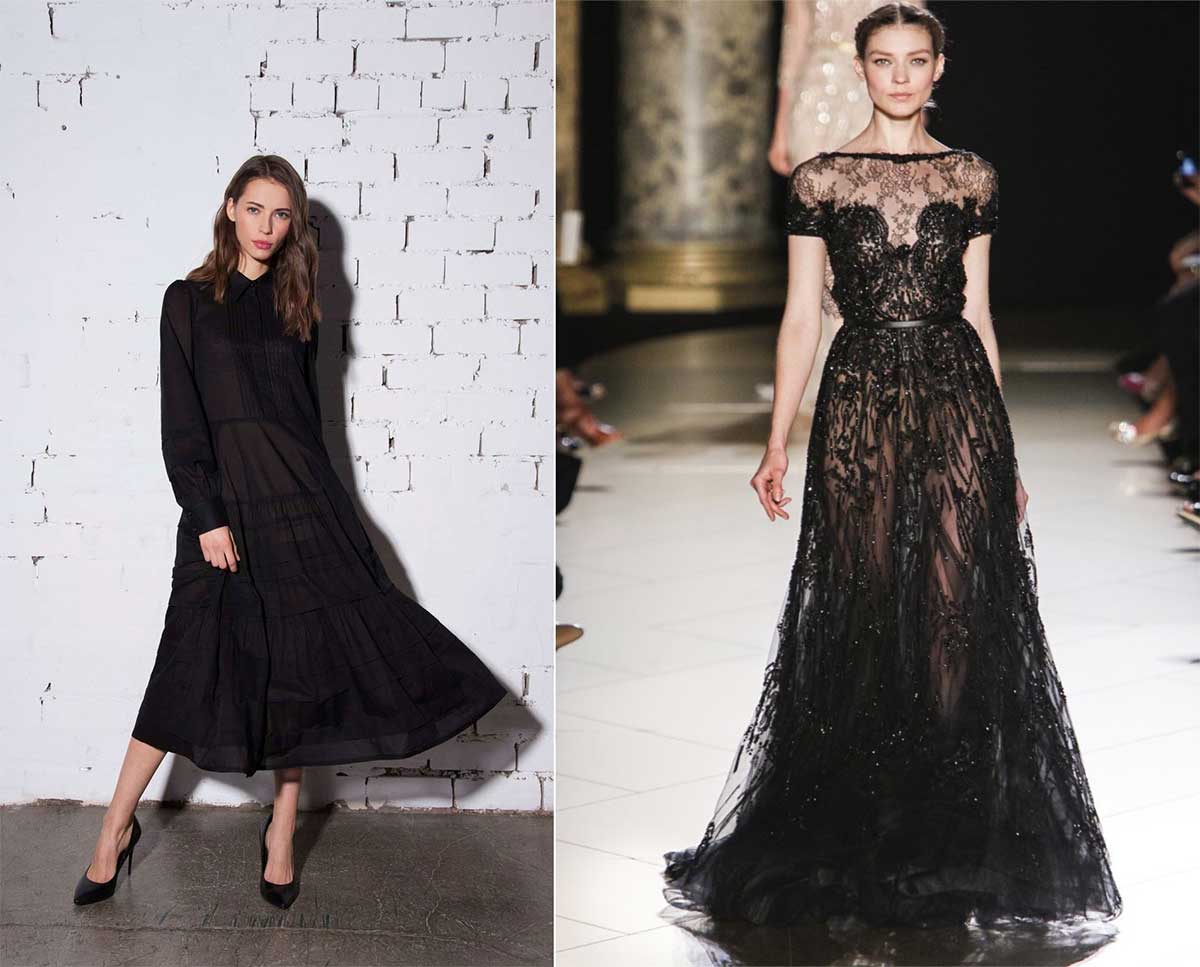 Легкое и полупрозрачное черное платье модные тенденции 2023