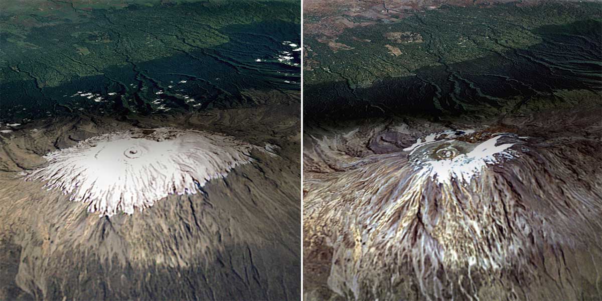 Вершина Килиманджаро в 1993 году и она же спустя 7 лет