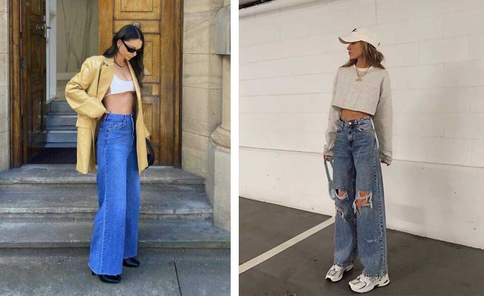 Топ по фигуре с широкими джинсами модный тренд 2023