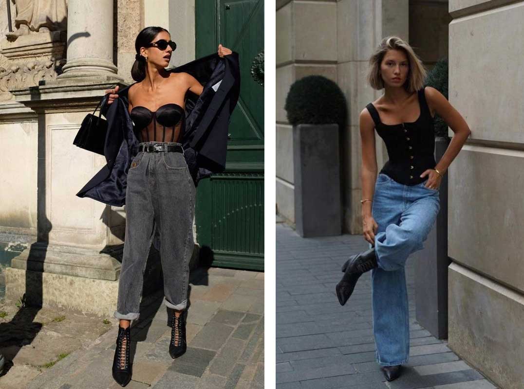 Сочетание корсета с джинсами модный лук 2024