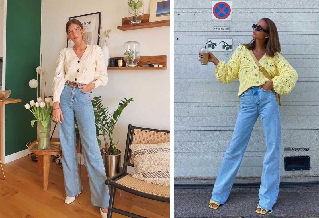 Образ с широкими джинсами и кардиганом модный лук 2024