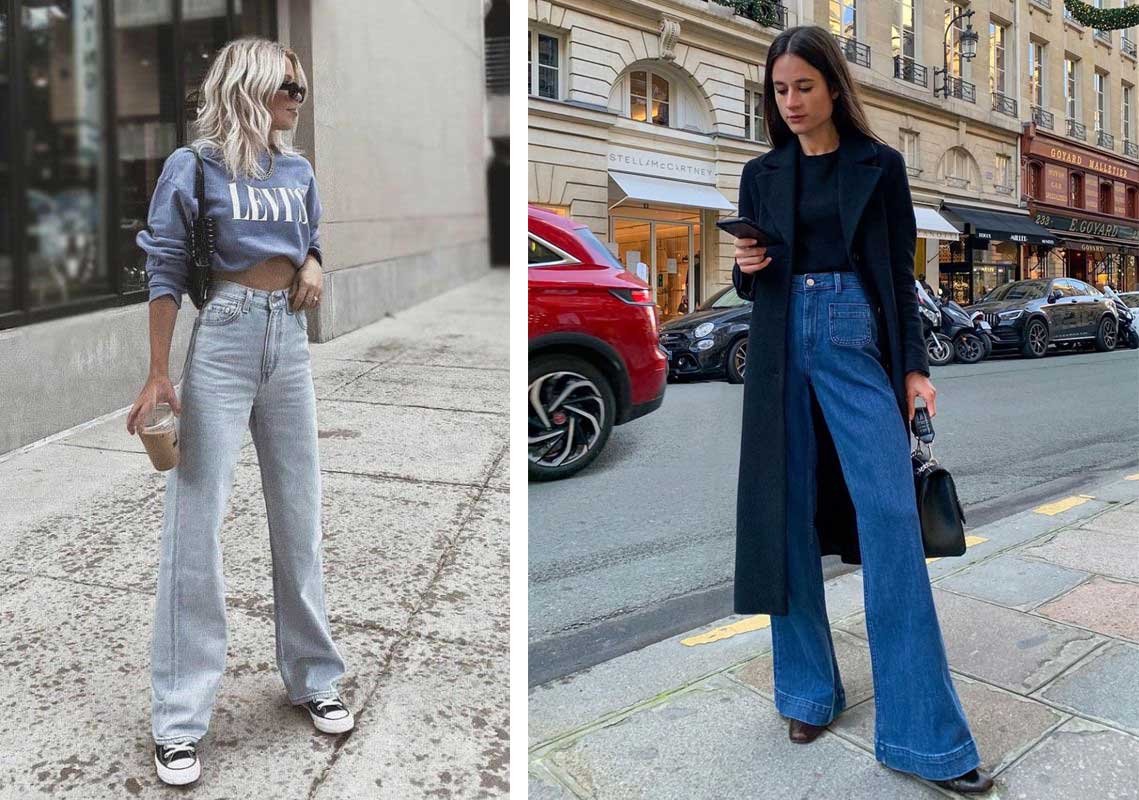 Широкие джинсы с высокой посадкой модные луки 2024
