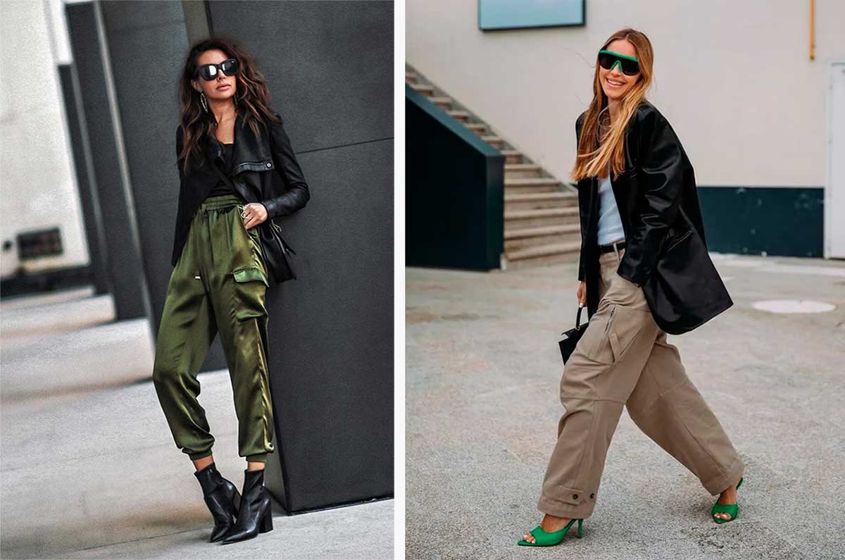 Жакет и брюки карго модный образ 2024