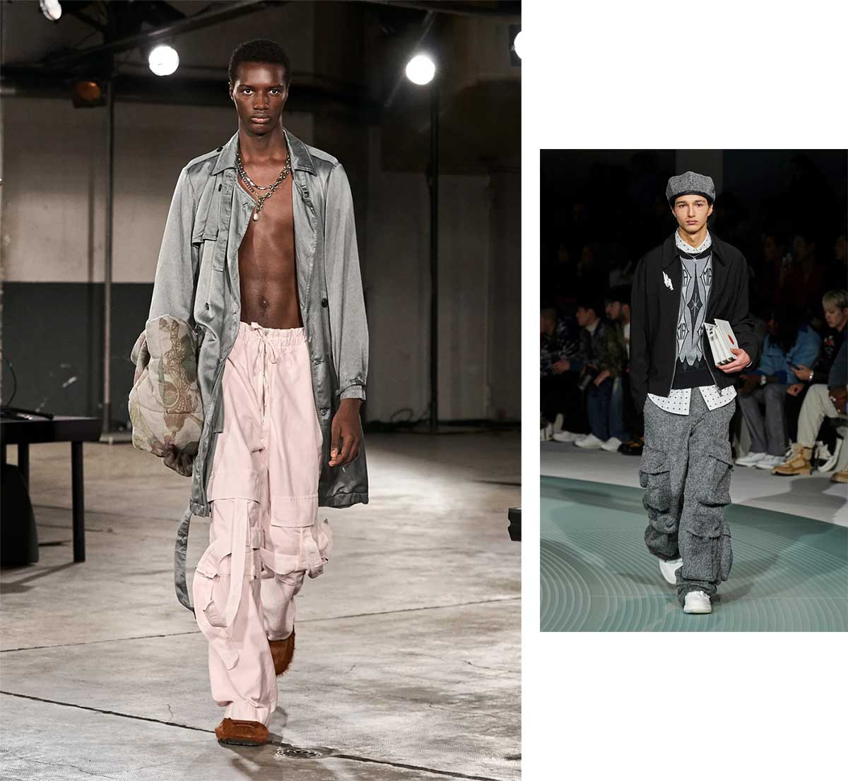 Мужские брюки-карго из шерсти, розового хлопка, костюмной ткани модные тенденции 2024