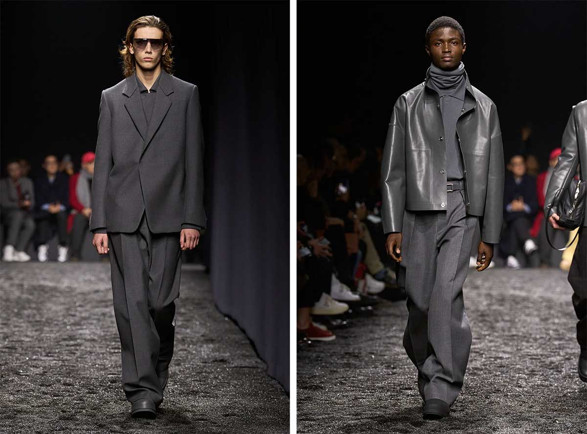 Мужской серый костюм модный лук в 2023 году