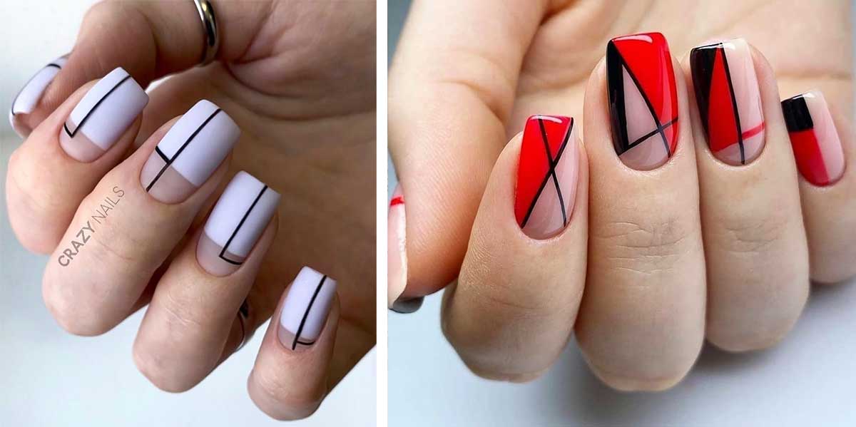 Маникюр с геометрическим дизайном на длинные квадратные ногти модные тренды весна-лето 2023