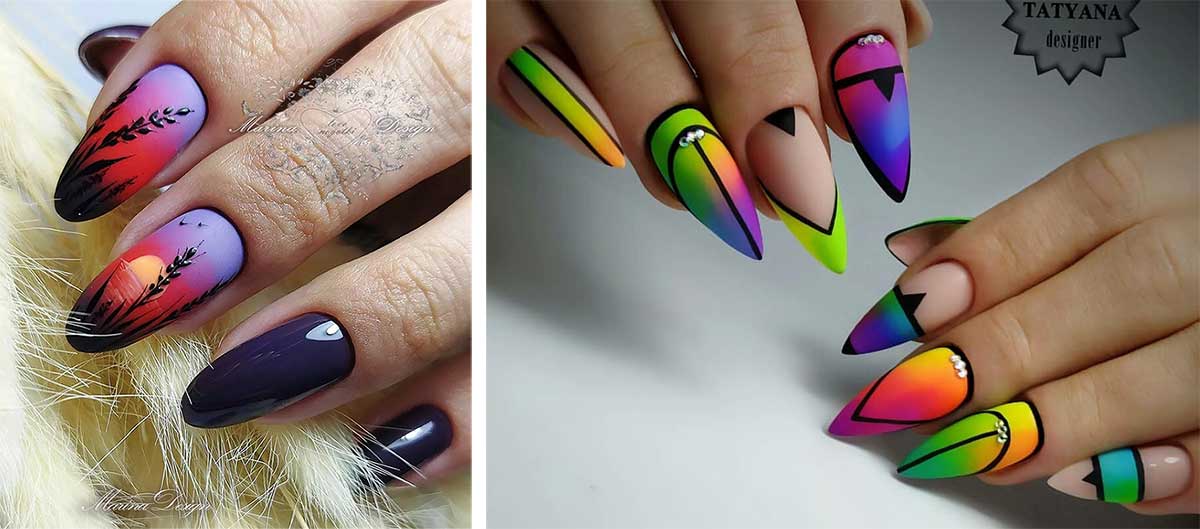 Стильный дизайн на миндальные ногти с рисунками модные тенденции 2023