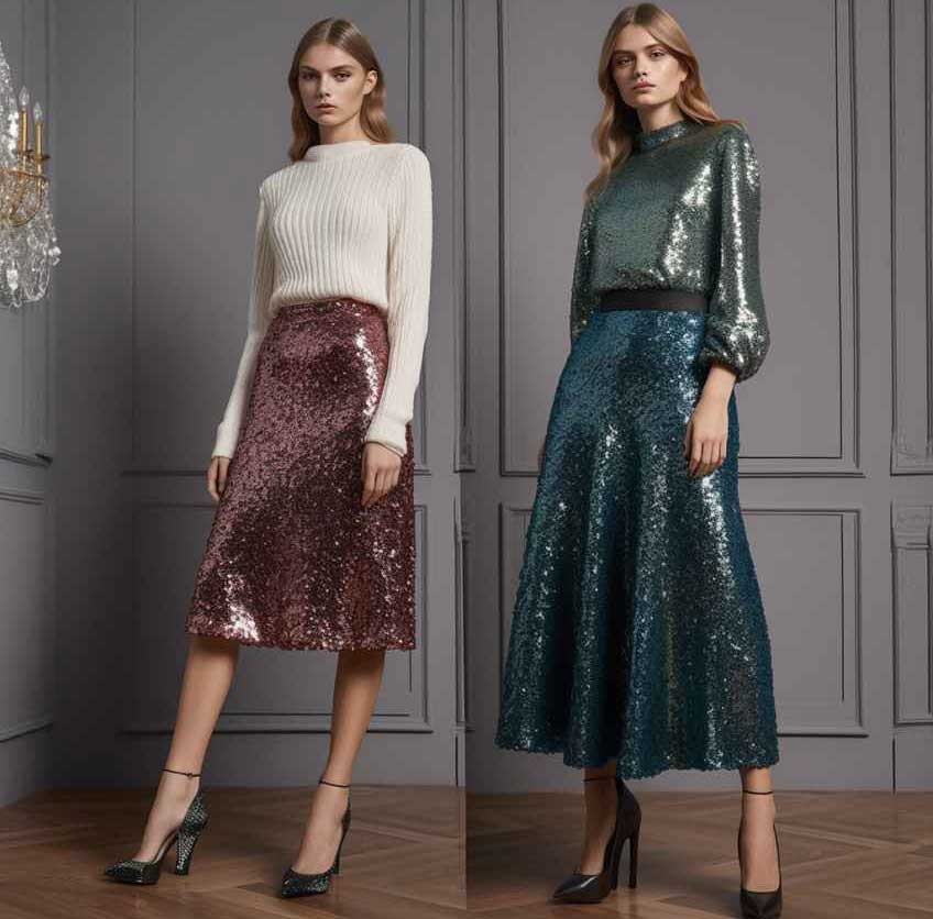 Блестящие юбки с пайетками модные луки осень-зима 2023-2024