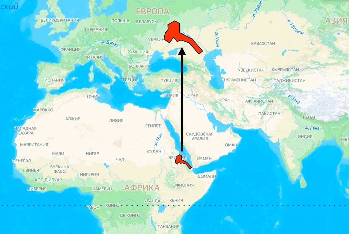 Эритрея - эти два участка равны по площади в реальном мире, но на карте они выглядят по-разному.