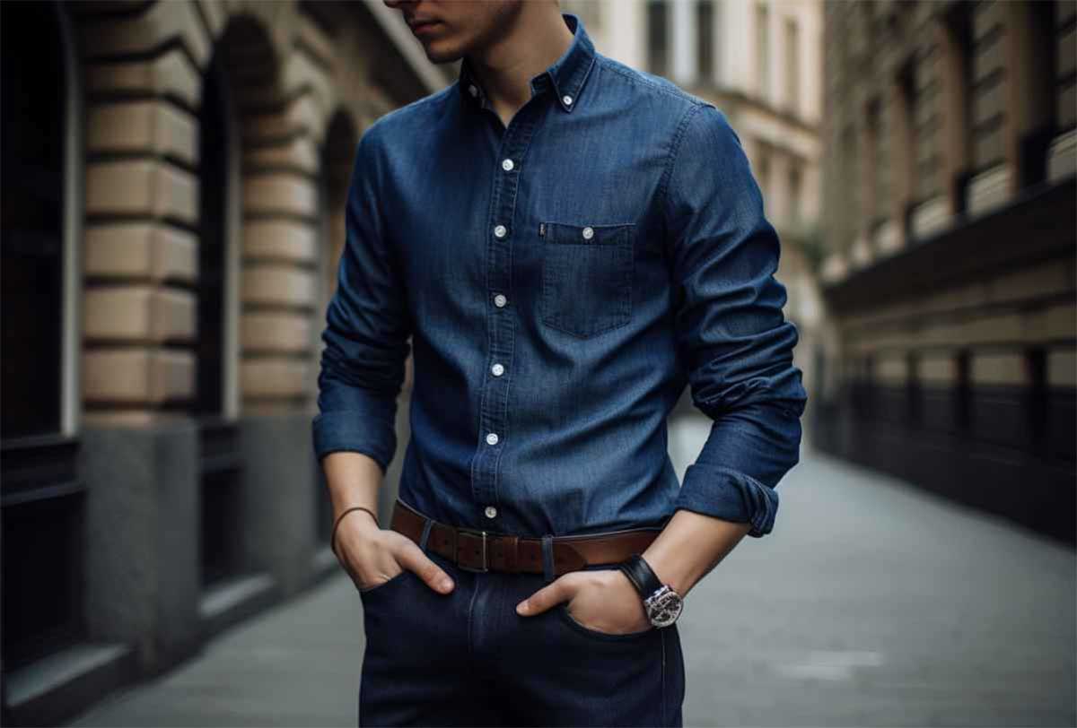Модная джинсовая одежда сине-голубого цвета - современный мужской образ 2024