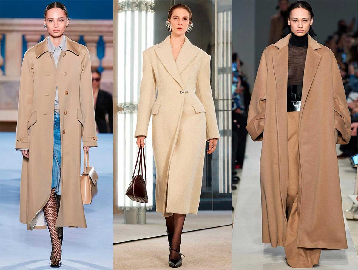 Популярное бежевое женское пальто 2023-2024 модные тренды осень-зима
