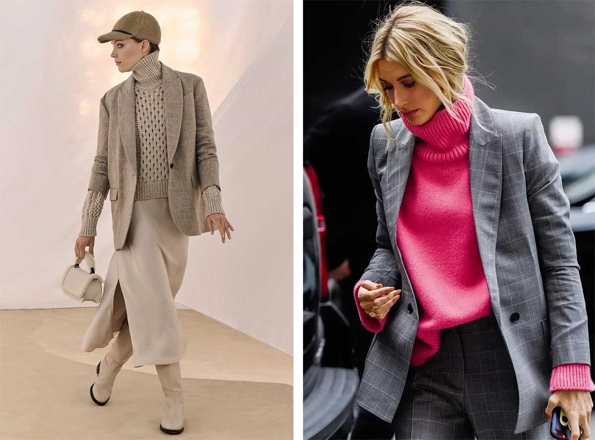Стильный и уютный женский образ 2024: свитер и пиджак